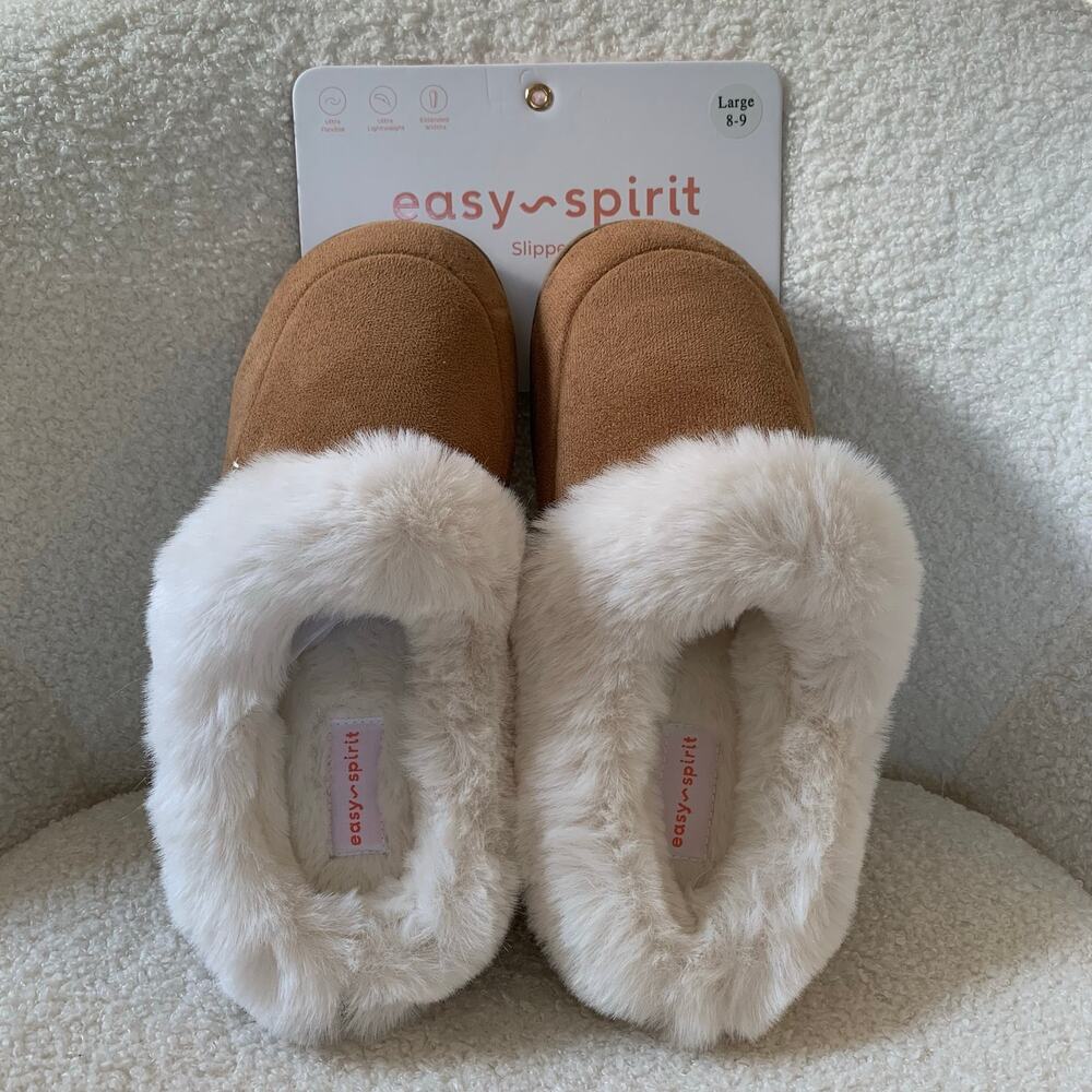 NWT Easy Spirit Brown Fur Lined Clogs Lightweight House Slippers Shoes Large 8-9